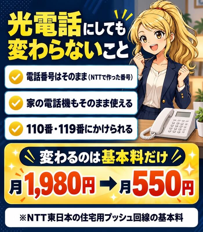 光電話にしても変わらないこと(電話番号・家の電話機・110番と119番)。変わるのは基本料だけで月1,980円から月550円