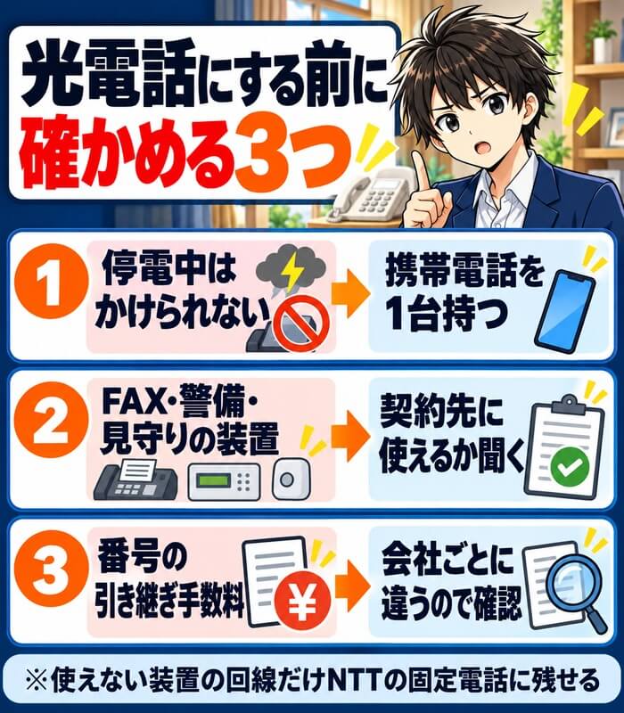 光電話にする前に確かめる3つ(停電中はかけられない・FAXや警備や見守りの装置・番号の引き継ぎ手数料)
