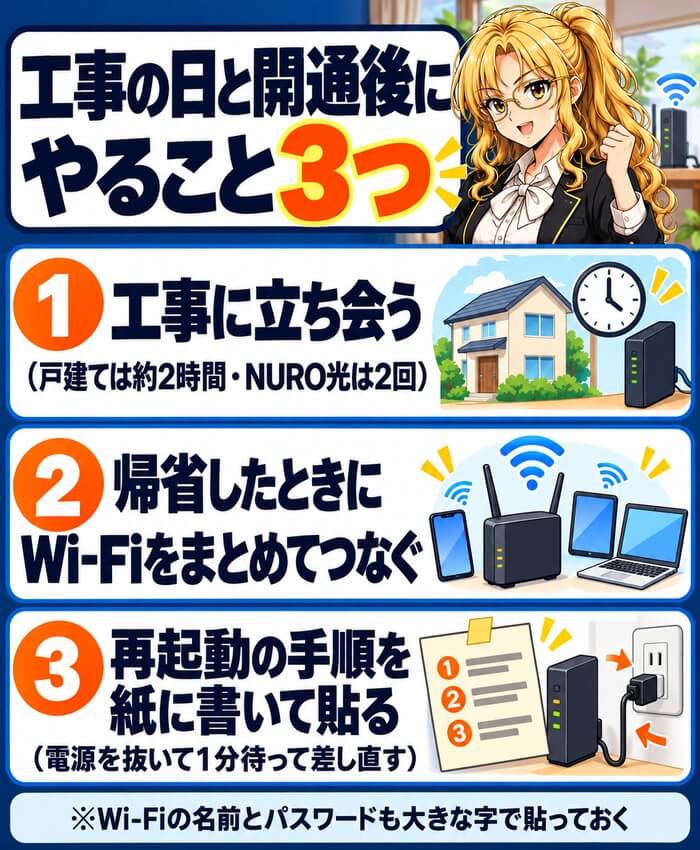工事の日と開通後にやること3つ(工事に立ち会う・帰省したときにWi-Fiをまとめてつなぐ・再起動の手順を紙に書いて貼る)