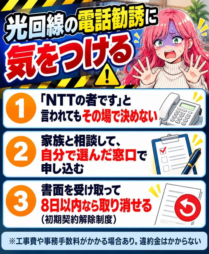 光回線の電話勧誘に気をつける(その場で決めない・家族と相談して自分で選んだ窓口で申し込む・8日以内なら初期契約解除制度で取り消せる)
