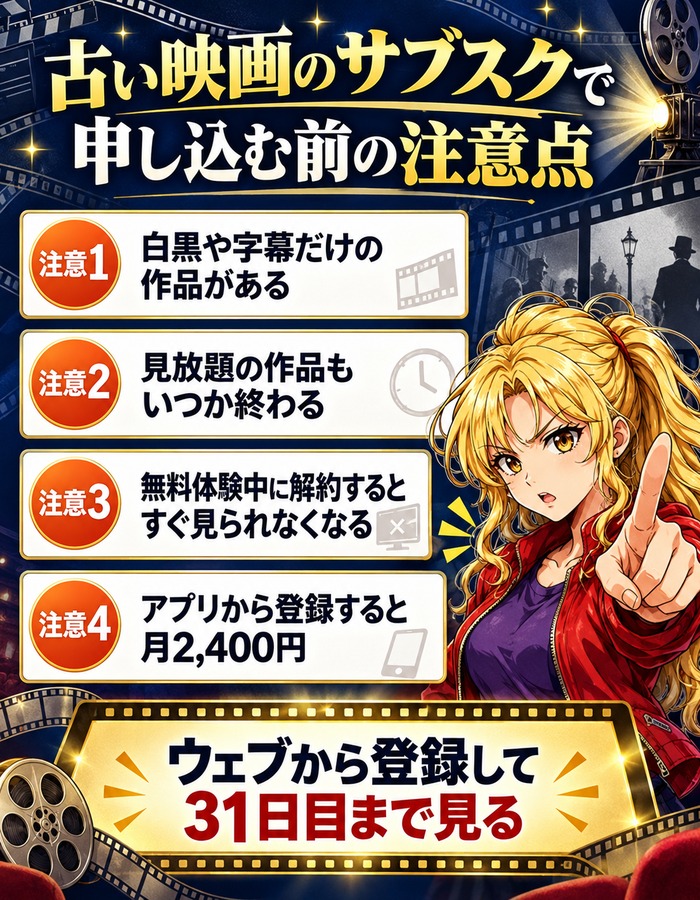 古い映画のサブスクで申し込む前の注意点4つの図解
