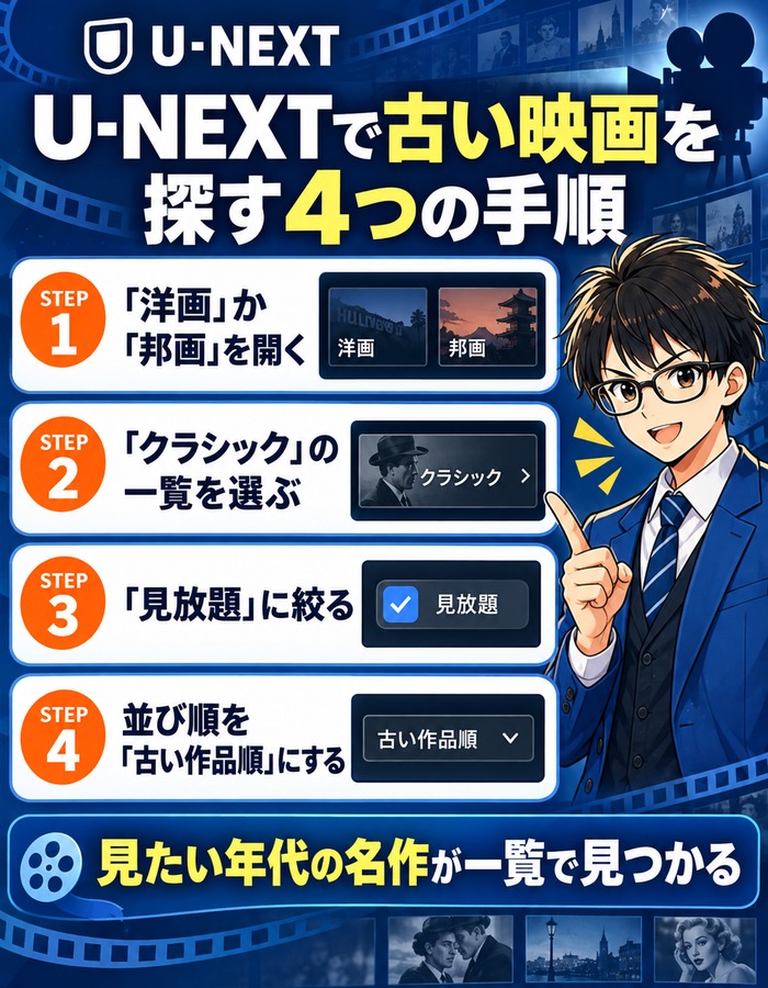U-NEXTで古い映画を探す4つの手順の図解