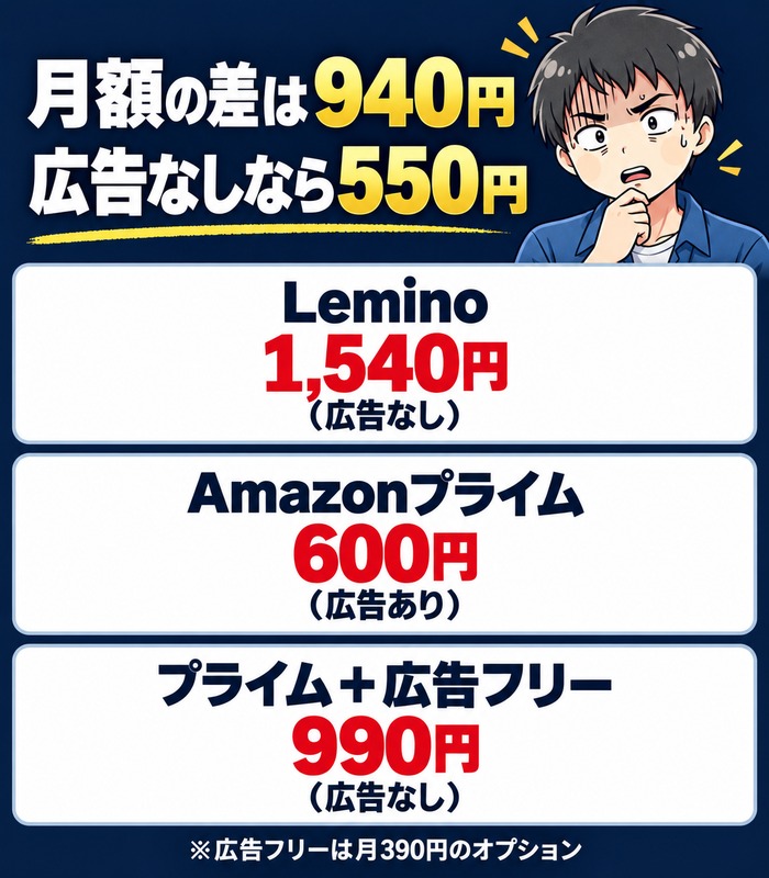 LeminoとAmazonプライムの月額の差は940円・広告なしなら550円