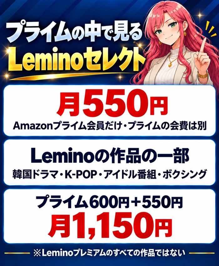 Amazonプライムの中で見るLeminoセレクトは月550円・Amazonプライムと合わせて月1,150円