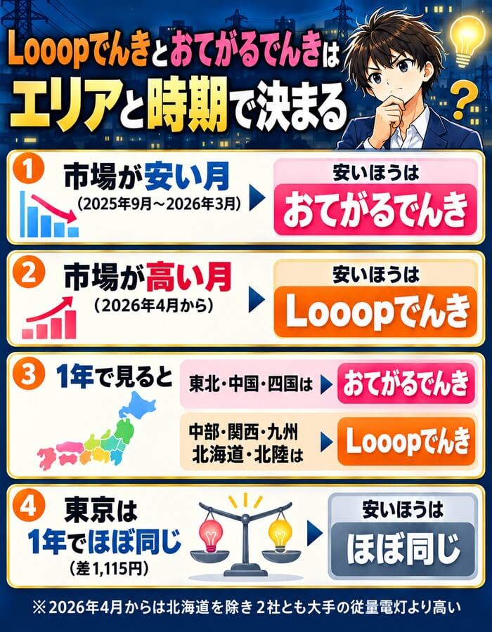 Looopでんきとおてがるでんきはエリアと時期で決まる(市場が安い月はおてがるでんき、市場が高い月はLooopでんき、1年では東北・中国・四国はおてがる、中部・関西・九州・北海道・北陸はLooop、東京はほぼ同じ)