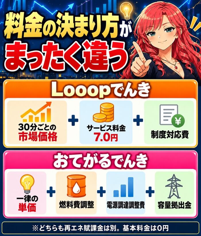 料金の決まり方がまったく違う(Looopでんきは30分ごとの市場価格+サービス料金7.0円+制度対応費、おてがるでんきは一律の単価+燃料費調整+電源調達調整費+容量拠出金)