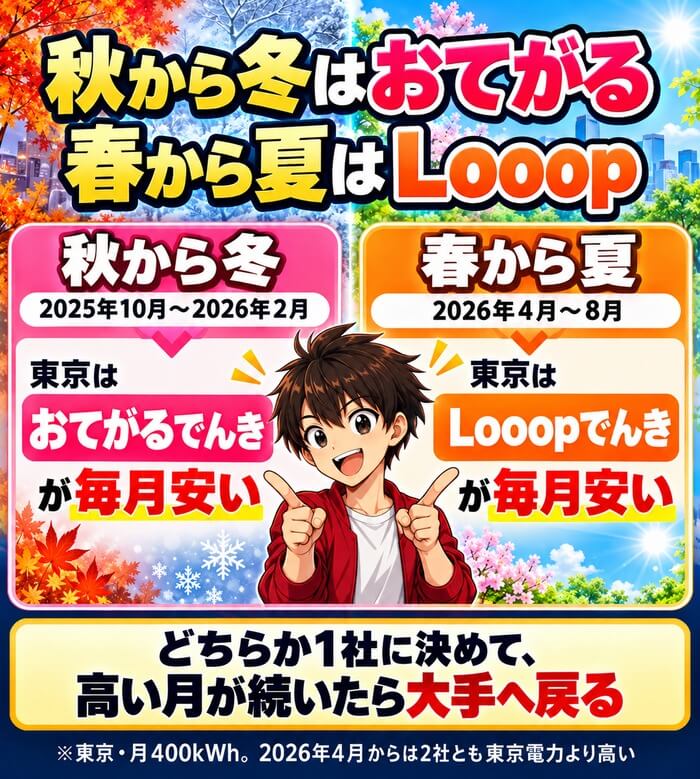 秋から冬はおてがるでんき、春から夏はLooopでんきが安い(東京・月400kWh)