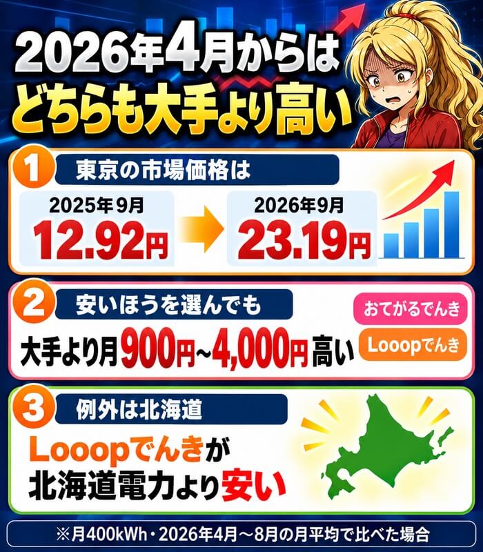 2026年4月からはLooopでんきもおてがるでんきも大手の従量電灯より高い(東京の市場価格は12.92円から23.19円へ、安いほうでも月900円〜4,000円高い)