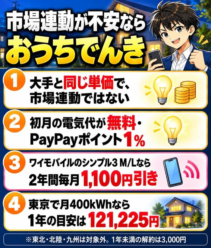市場連動が不安ならソフトバンクのおうちでんき(大手と同じ単価、初月無料・PayPayポイント1%、ワイモバイルなら毎月1,100円引き)