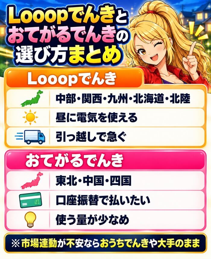 Looopでんきとおてがるでんきの選び方まとめ(Looopは中部・関西・九州・北海道・北陸や昼に使える家、おてがるは東北・中国・四国や口座振替で払いたい人)