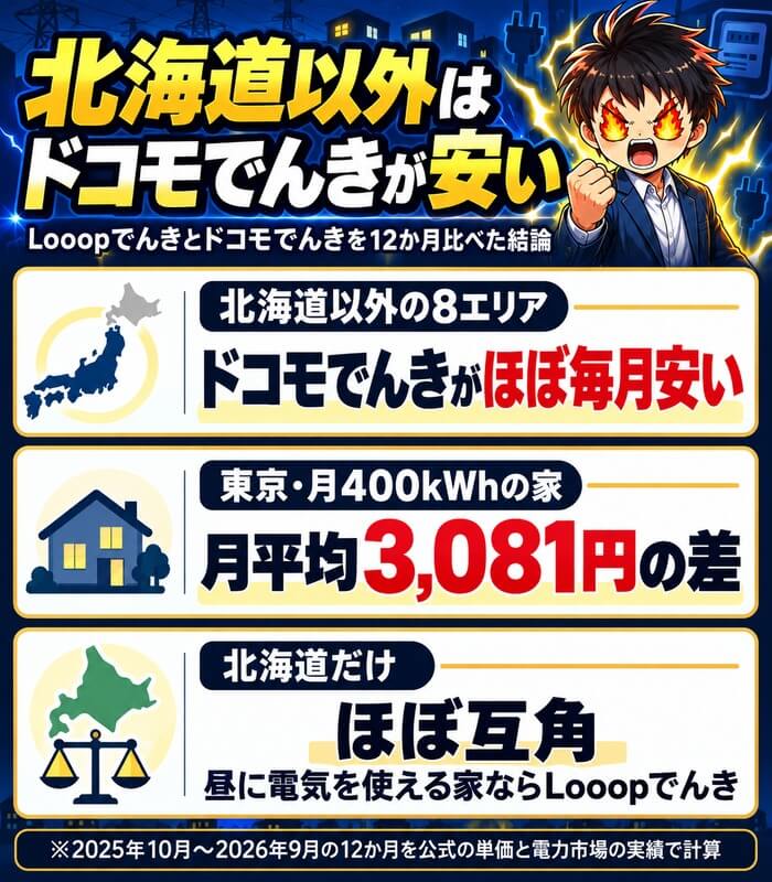 Looopでんきとドコモでんきの結論｜北海道以外はドコモでんきが安い