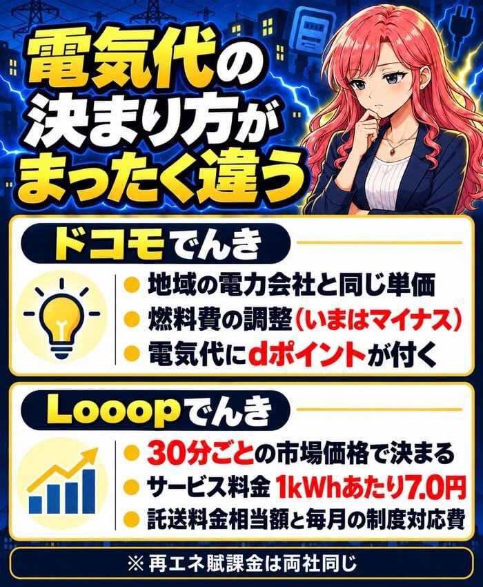 ドコモでんきとLooopでんきの電気代の決まり方の違い