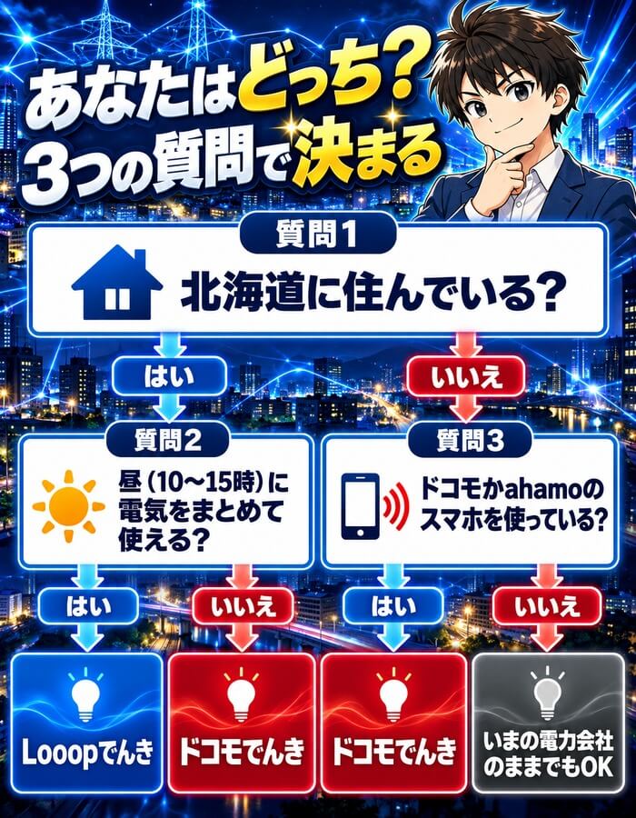 Looopでんきとドコモでんきのどちらを選ぶかタイプ別の答え