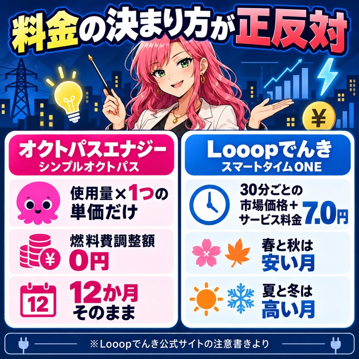 固定単価と市場連動で料金の決まり方が正反対だと示す図