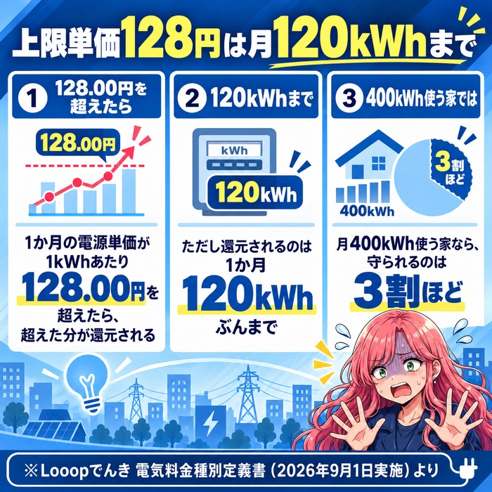 Looopでんきの上限単価128円が月120kWhまでしか効かないことを示す図