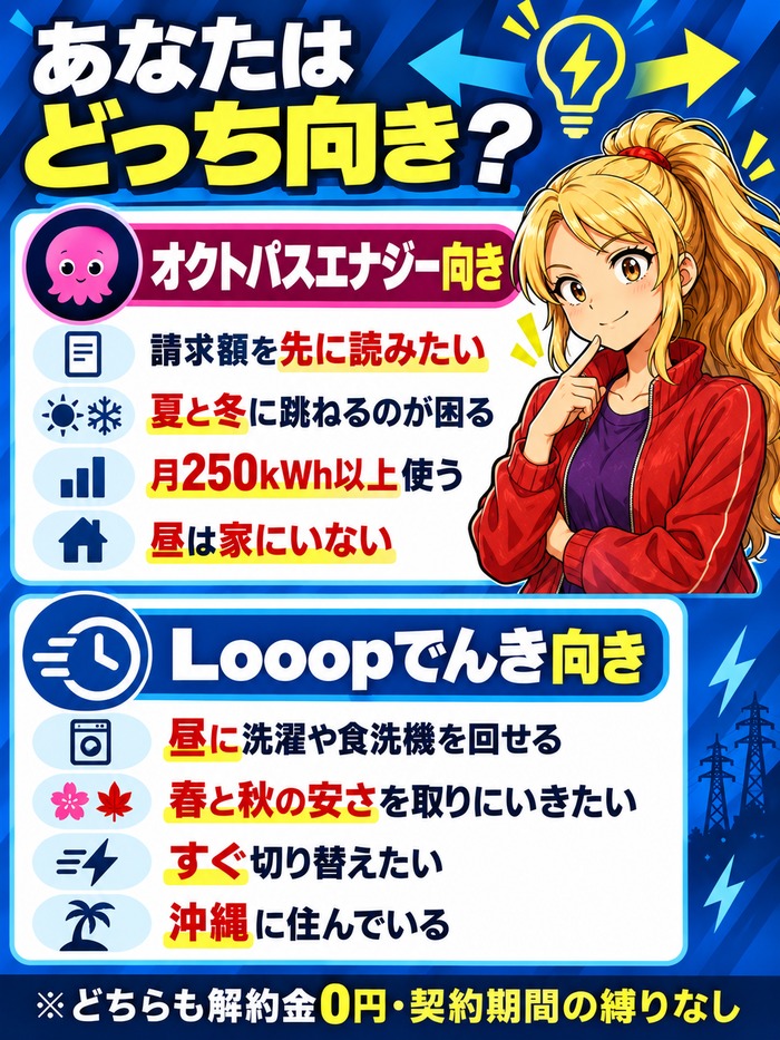オクトパスエナジー向きの人とLooopでんき向きの人を並べた図