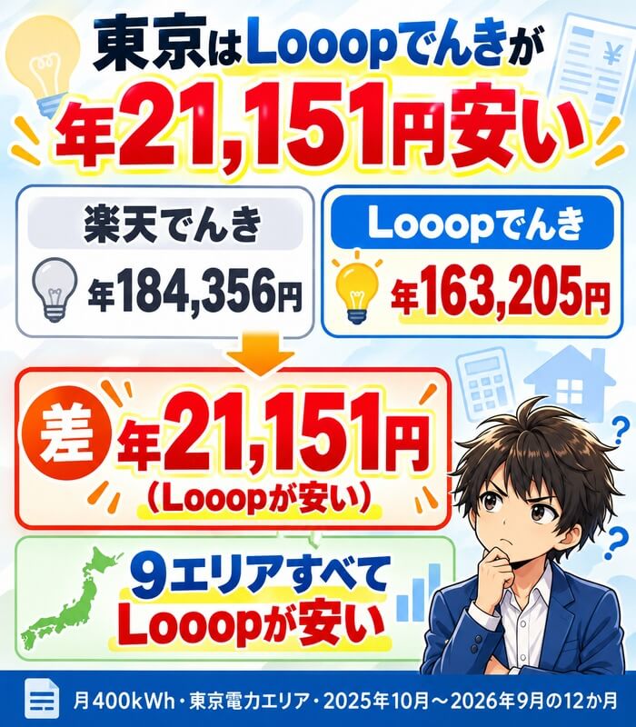 Looopでんきと楽天でんきの結論|東京はLooopが年21,151円安い