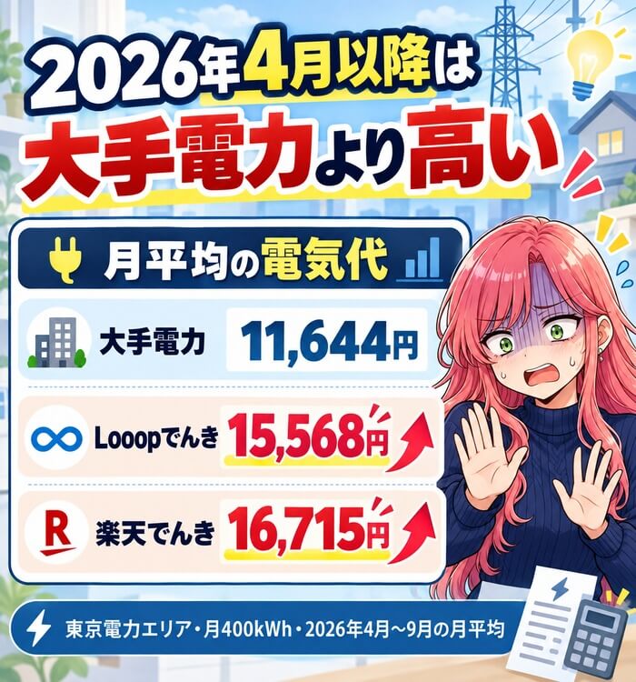 2026年4月以降はLooopでんきも楽天でんきも大手電力より高い