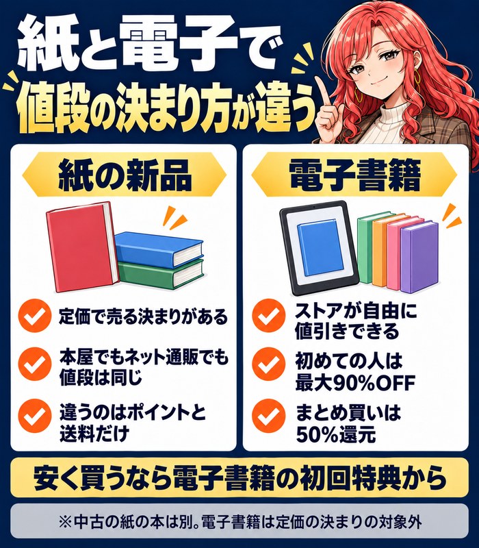 紙と電子書籍で値段の決まり方が違う図。紙の新品は定価で売る決まりがあり本屋でも通販でも同じ値段で違うのはポイントと送料だけ。電子書籍はストアが自由に値引きでき、初めての人は最大90%OFF、まとめ買いは50%還元
