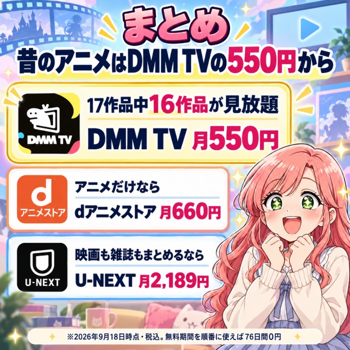 まとめ|昔のアニメはDMM TVの550円から