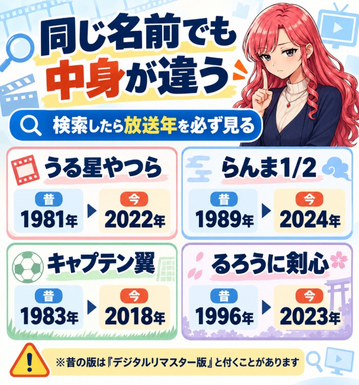 同じ名前でも中身が違う|昔のアニメとリメイク版の放送年