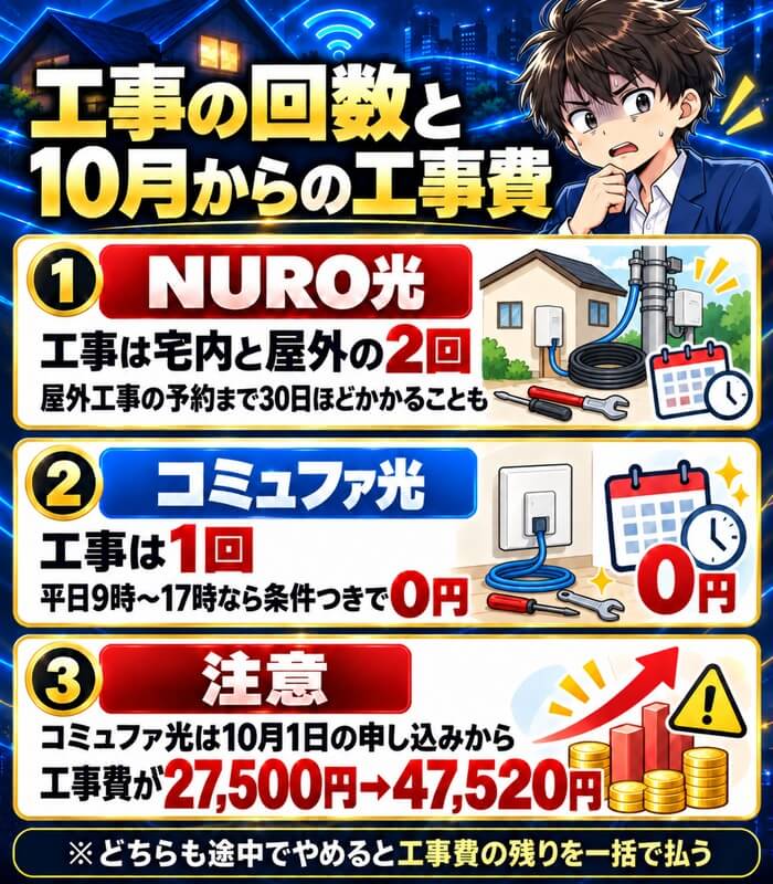 NURO光は工事が2回、コミュファ光は1回で、コミュファ光は10月1日の申し込みから工事費が上がることを示した図
