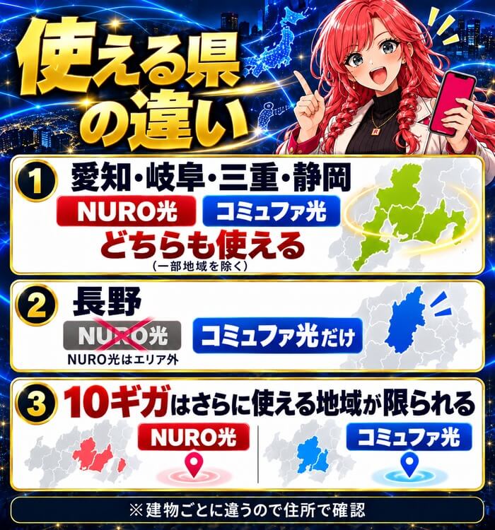 NURO光とコミュファ光の東海での提供エリアを比べた図