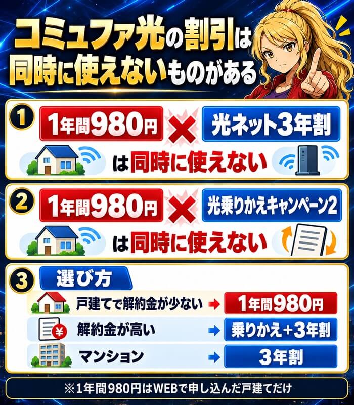コミュファ光の1年間980円・光ネット3年割・光乗りかえキャンペーン2の組み合わせ方を示した図