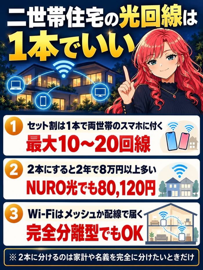 二世帯住宅の光回線は1本でいい理由。セット割は1本で両世帯のスマホに付き、2本にするとNURO光でも2年で80,120円多く、Wi-Fiはメッシュか配線で届くことを示した図