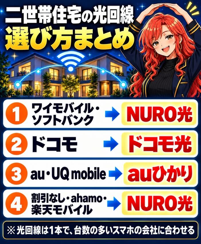 ワイモバイル・ソフトバンクはNURO光、ドコモはドコモ光、au・UQ mobileはauひかり、割引なしはNURO光を選ぶことをまとめた図