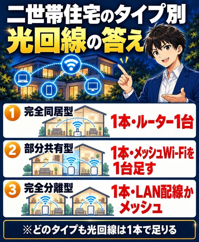 完全同居型・部分共有型・完全分離型のどのタイプでも光回線は1本で足り、Wi-Fiの届け方が変わることを示した図