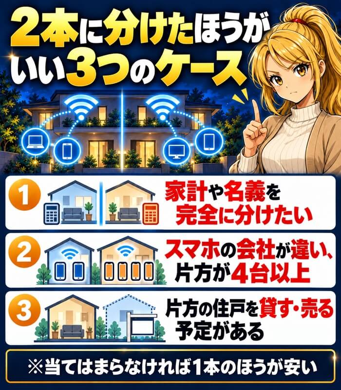 家計や名義を完全に分けたい、スマホの会社が違い片方が4台以上、片方の住戸を貸す・売る予定があるときは2本を考えることを示した図