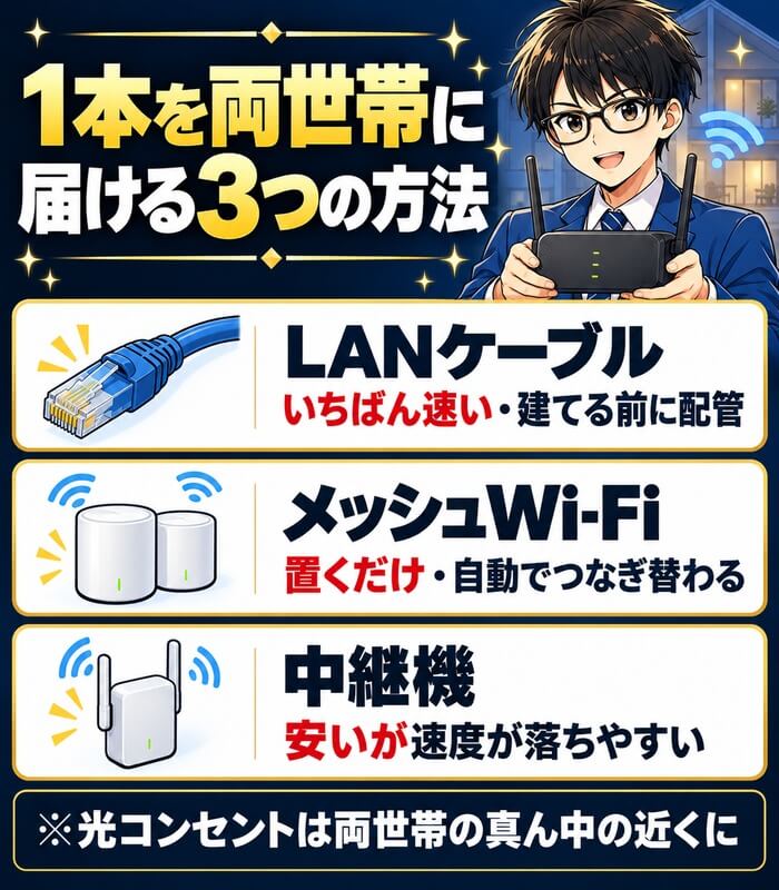 LANケーブル、メッシュWi-Fi、中継機で1本の光回線を両世帯に届ける方法の違いを示した図