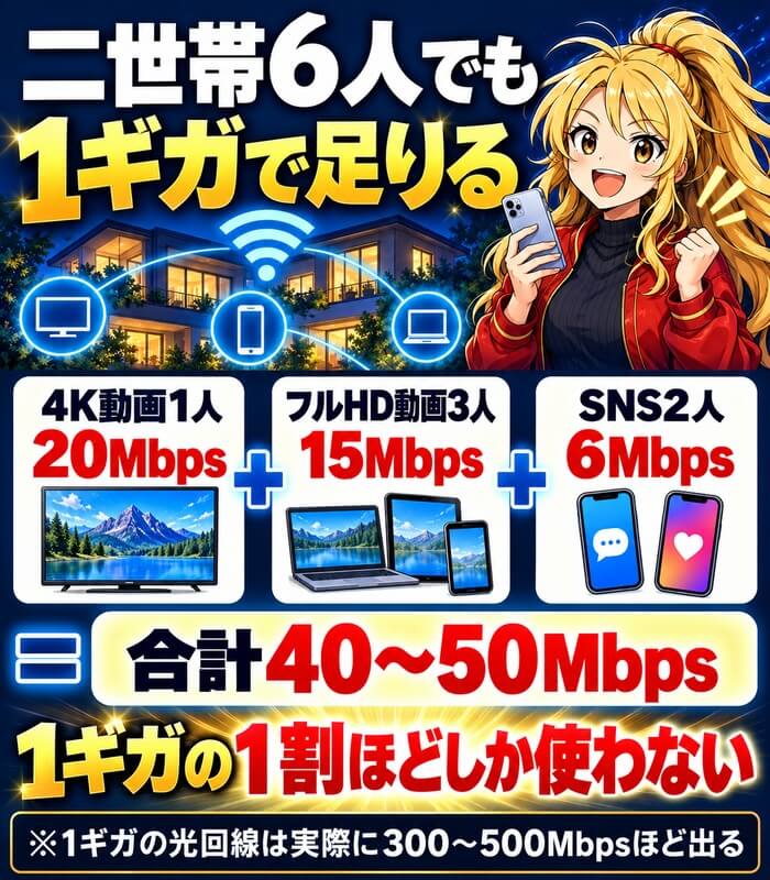 4K動画1人20Mbps、フルHD動画3人15Mbps、SNS2人6Mbpsで合計40〜50Mbpsとなり、1ギガの1割ほどしか使わないことを示した図