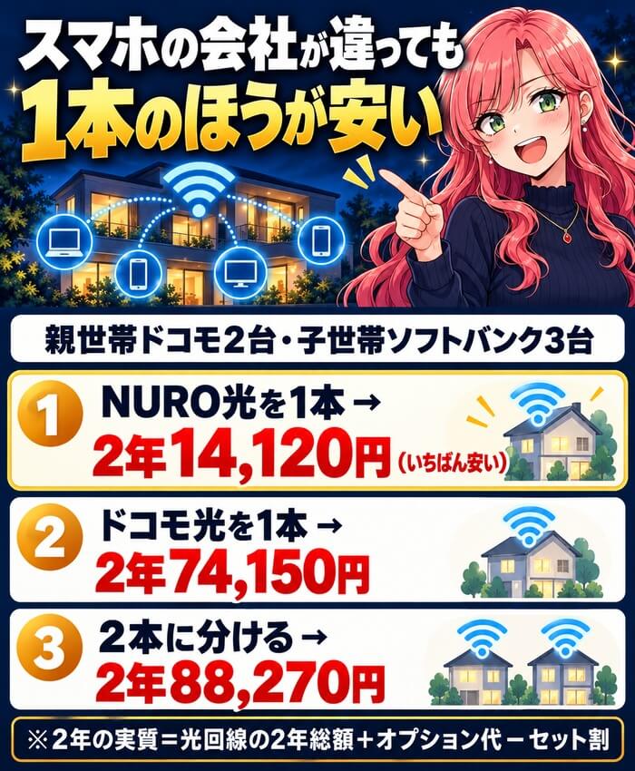 親世帯ドコモ2台・子世帯ソフトバンク3台なら、NURO光を1本にするのが2年14,120円でいちばん安く、2本に分けると88,270円になることを示した図
