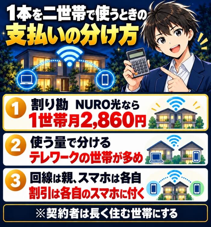 割り勘ならNURO光は1世帯月2,860円、使う量で分ける、回線は親でスマホは各自という3つの支払いの分け方を示した図