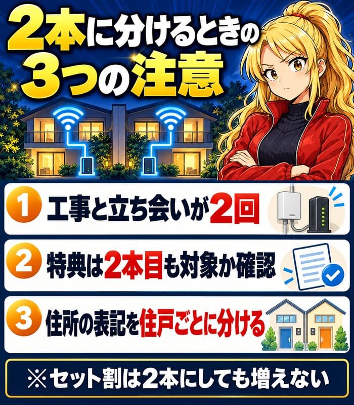 工事と立ち会いが2回、特典は2本目も対象か確認、住所の表記を住戸ごとに分けるという3つの注意を示した図