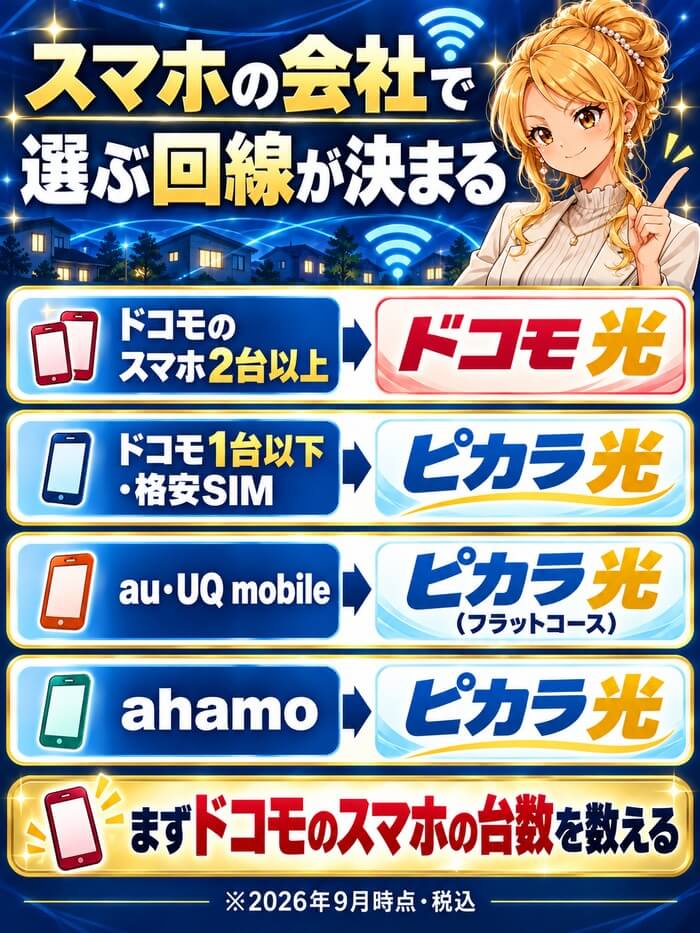 スマホの会社ごとにピカラ光とドコモ光のどちらを選ぶかを示した図