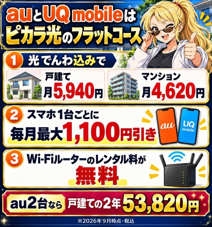 auとUQ mobileはピカラ光のフラットコースで1台1,100円引きになることを示した図