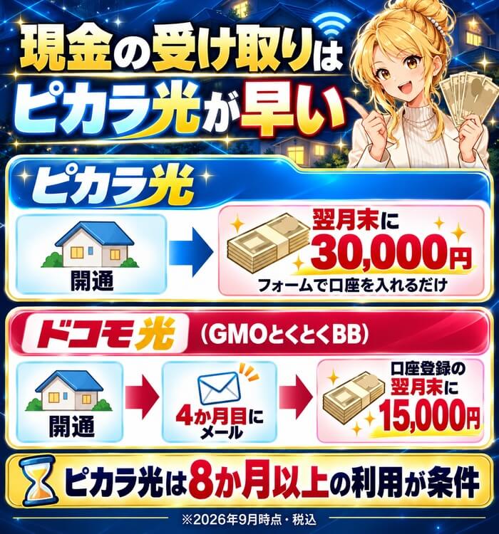 ピカラ光は翌月末に30,000円、ドコモ光は4か月目のメールのあとに15,000円を受け取る流れの図