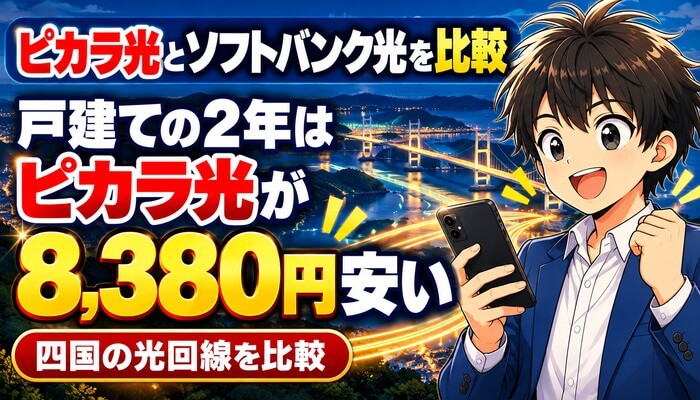 ピカラ光とソフトバンク光を比較｜戸建ての2年はピカラが8,380円安い