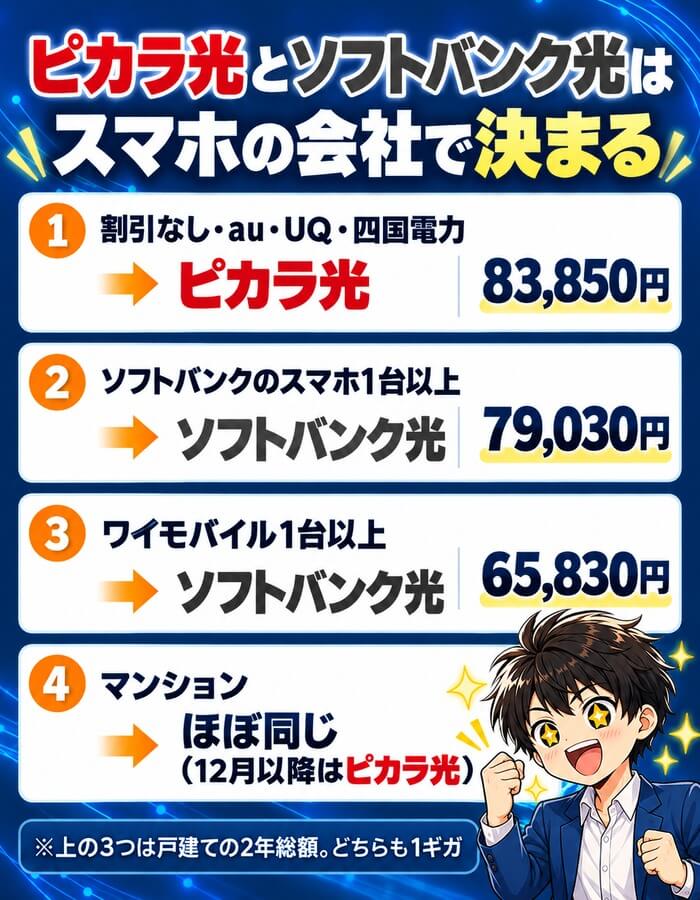 ピカラ光とソフトバンク光はスマホの会社で決まる(割引なし・au・UQ・四国電力はピカラ光83,850円、ソフトバンク1台以上はソフトバンク光79,030円、ワイモバイル1台以上は65,830円、マンションはほぼ同じ)