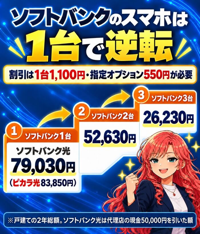 ソフトバンクのスマホは1台で逆転(ソフトバンク光は1台79,030円・2台52,630円・3台26,230円、ピカラ光は83,850円)