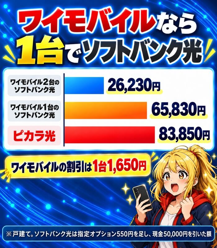 ワイモバイルなら1台でソフトバンク光(ワイモバイル2台26,230円・1台65,830円・ピカラ光83,850円)