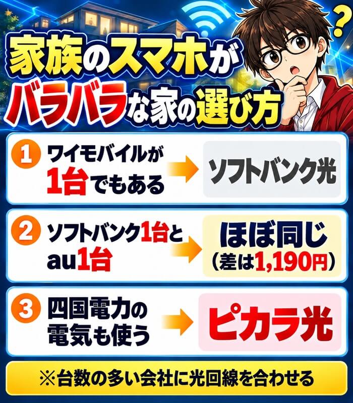 家族のスマホがバラバラな家の選び方(ワイモバイルが1台でもあればソフトバンク光、ソフトバンク1台とau1台はほぼ同じ、四国電力の電気も使うならピカラ光)