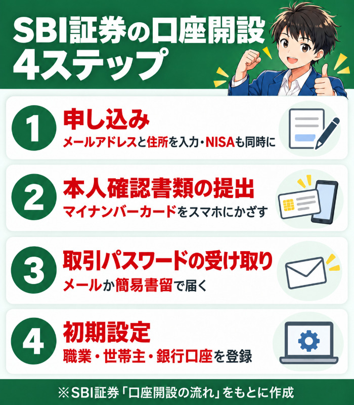 SBI証券の口座開設の4ステップの図解。申し込み、本人確認書類の提出、取引パスワードの受け取り、初期設定