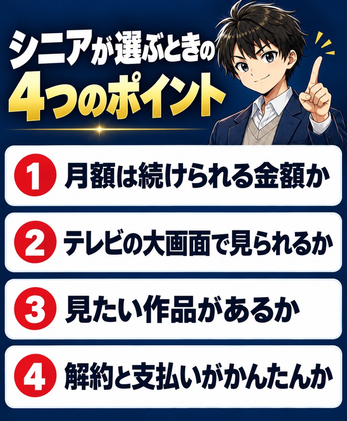 シニアが動画配信サービスを選ぶときの4つのポイント