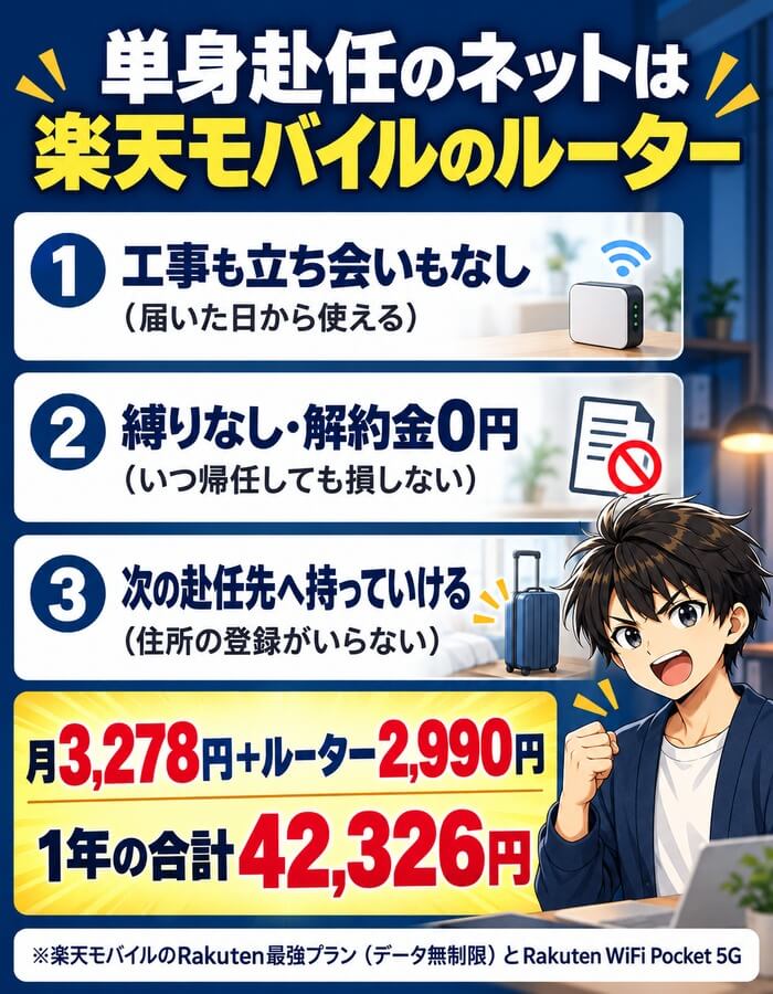 単身赴任のネットは楽天モバイルのルーター（工事なし・解約金0円・次の赴任先へ持っていける。月3,278円＋ルーター2,990円で1年42,326円）