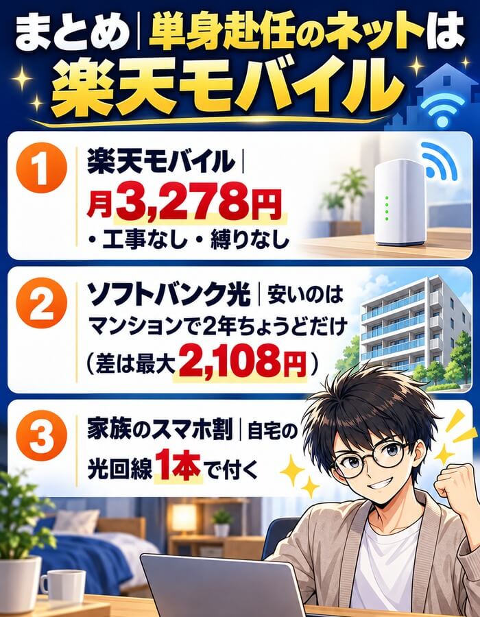 まとめ：単身赴任のネットは楽天モバイル（月3,278円・工事なし・縛りなし。ソフトバンク光が安いのはマンションで2年ちょうどだけで差は最大2,108円。家族のスマホ割は自宅の光回線1本で付く）