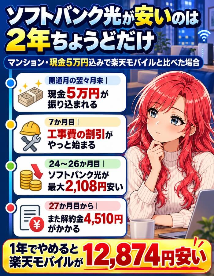 ソフトバンク光が楽天モバイルより安いのは2年ちょうどだけ（工事費の割引は7か月目から。1年でやめると楽天モバイルが12,874円安い）